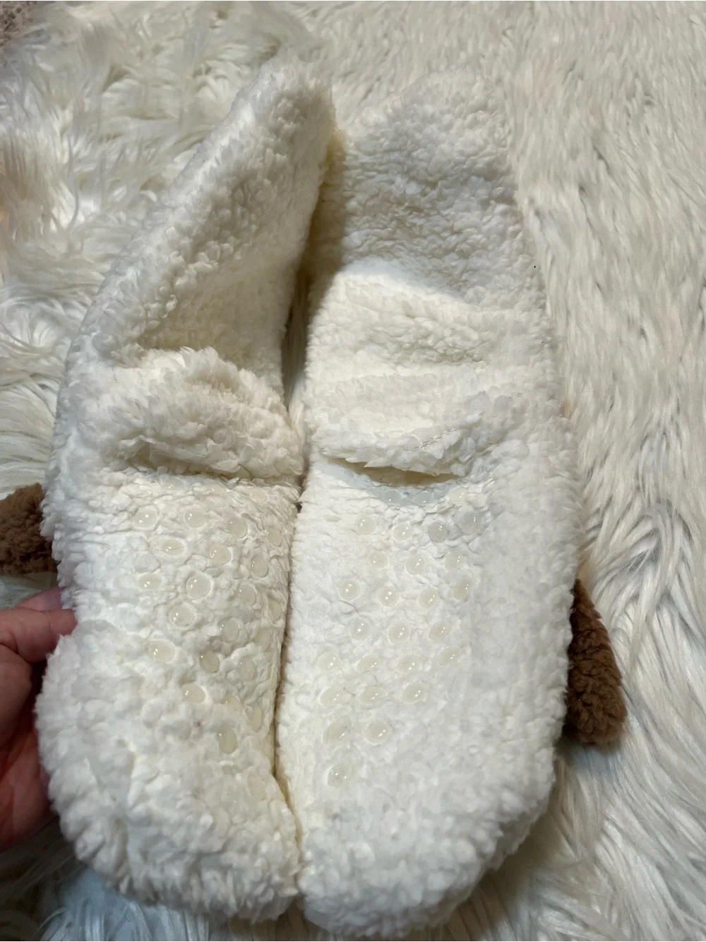 Sherpa Friends Cozy Socks Dogs Cream White Brown Ears Grippy Bottom Fuzzy NEW